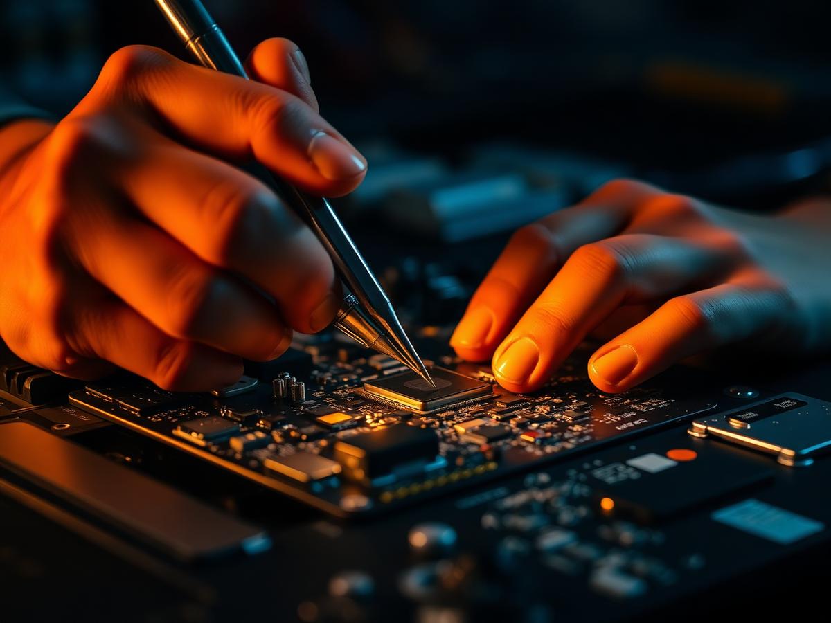 Technician repairing a laptop motherboard